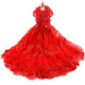Handmade Ruby Rose Royal Dog Dress – Luxury Red Floral Wedding Gown with Crystal Train