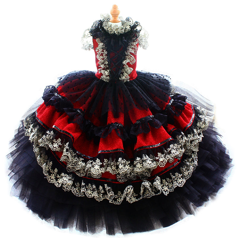 Red Gothic Princess Dog Dress – Luxury Victorian Puppy Ball Gown with Black Lace Crinoline Skirt