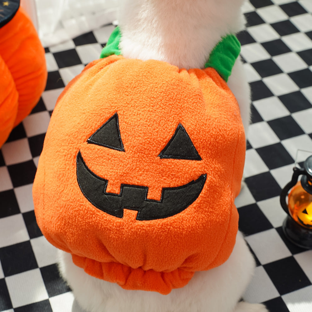 Dog Pumpkin Costume with Plush Hood & Elastic Fit+Hat Set