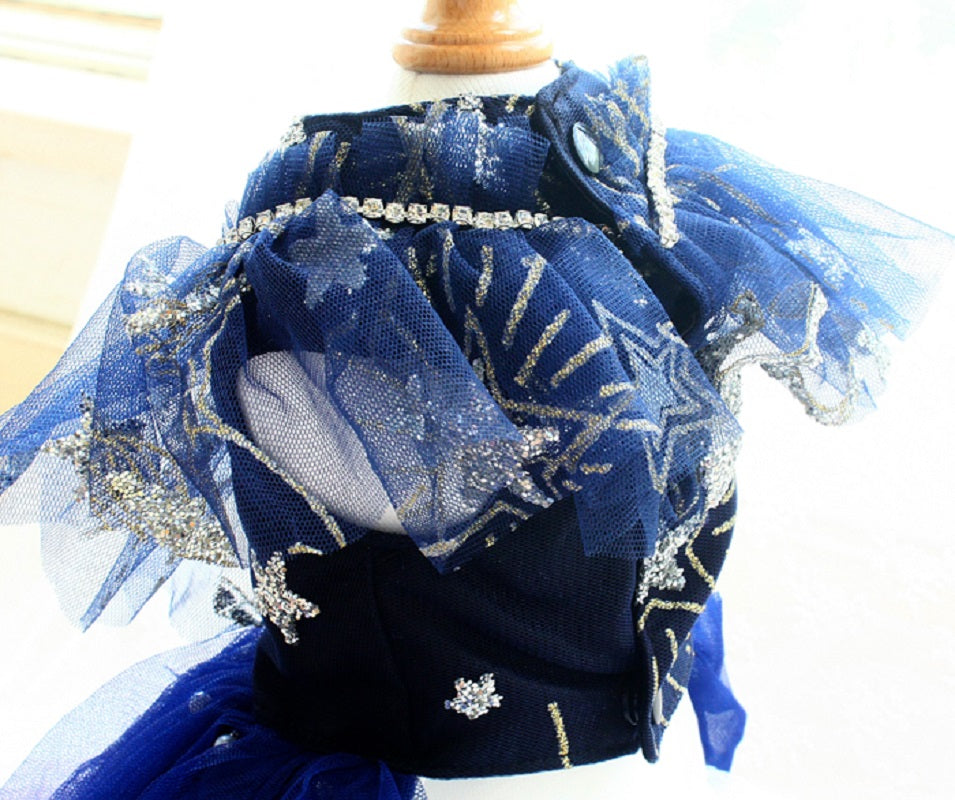 Handmade Midnight Galaxy Princess Dog Dress – Navy Blue Ombre Star Wedding Gown with Pearl Train
