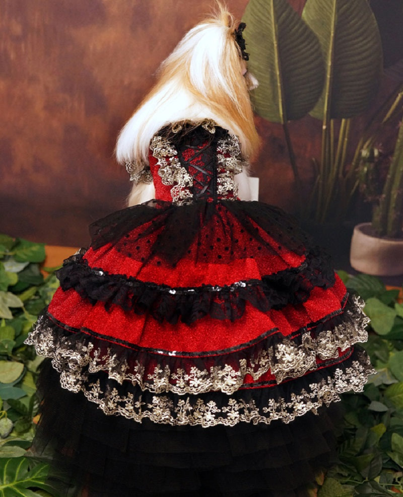 Red Gothic Princess Dog Dress – Luxury Victorian Puppy Ball Gown with Black Lace Crinoline Skirt
