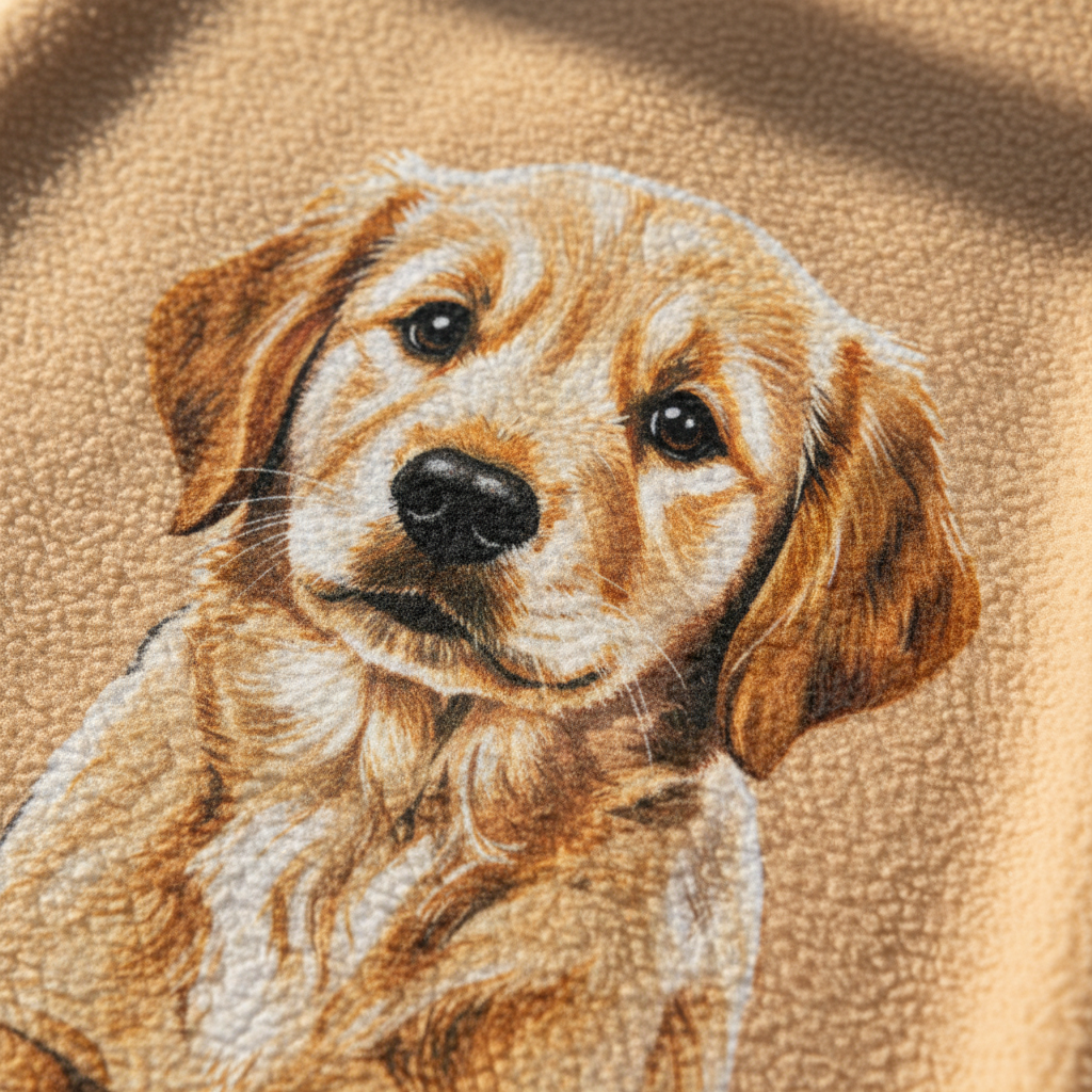 Close-up of soft fleece sweatshirt fabric with a cute pet portrait graphic print