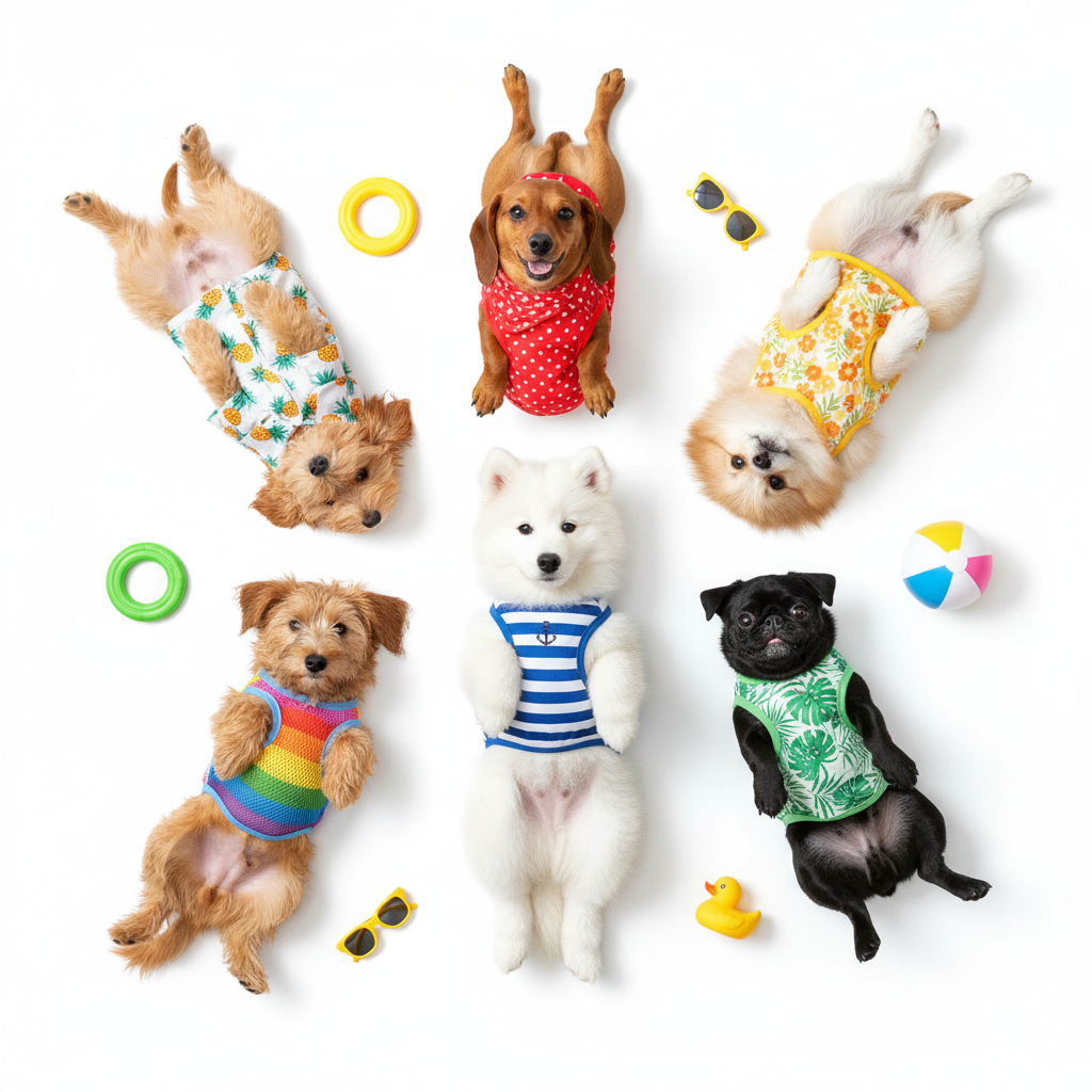 Six small dogs wearing colorful summer shirts and vests