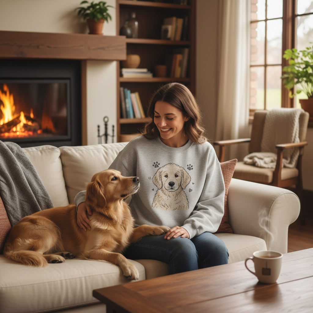 Woman wearing a custom pet portrait sweatshirt sitting with her dog in a cozy living room