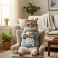 Grumpy cat wearing a political parody hoodie sitting in a living room