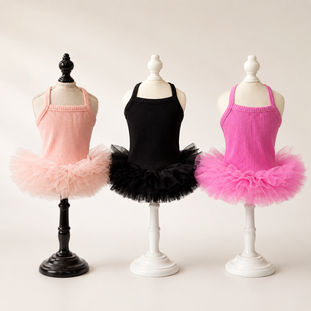 Pet Tutu Dress for Dogs – Ribbed Knit Ballet Puppy Dress with Layered Tulle Skirt, Pink Black Blush Pink Dog Dress for Small Dogs